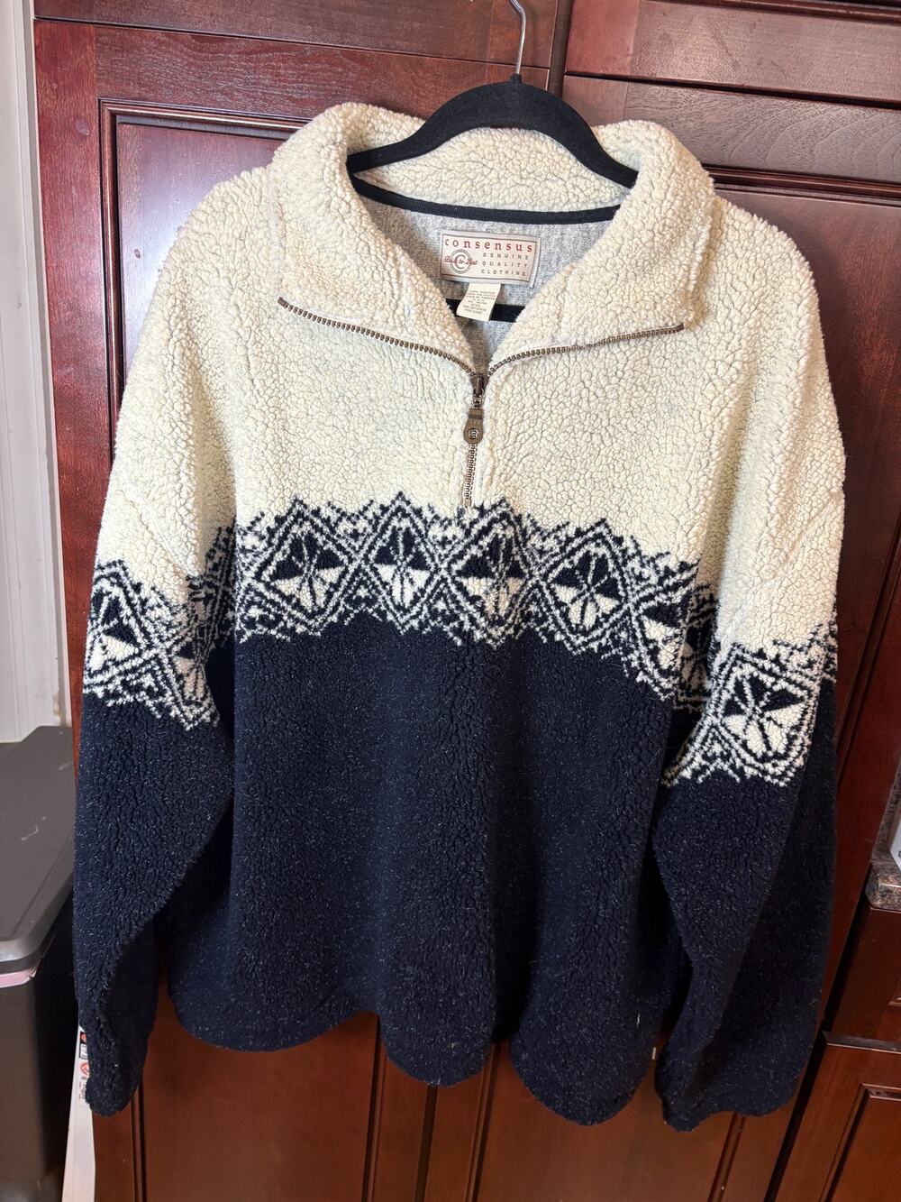 Men's 1/4 Zip Pullover Black and Cream Sherpa Fleece Size XXL